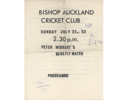 BISHOP AUCKLAND CRICKET CLUB 1962 PROGRAMME - PETER WISHART