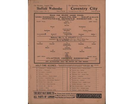TOTTENHAM HOTSPUR V CLAPTON ORIENT (RESERVES) 1938-39 FOOTBALL PROGRAMME
