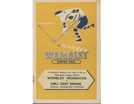 WEMBLEY MONARCHS V EARL COURT RANGERS 1948-49 ICE HOCKEY PROGRAMME