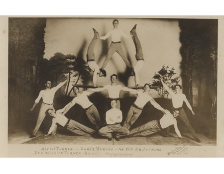 GYMNASTICS DISPLAY POSTCARD  -THE INAUGURATION OF THE MISSION TURN HALL (SAN FRANCISCO) 1910