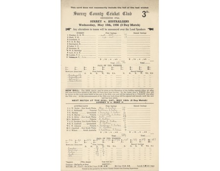 SURREY V AUSTRALIANS 1956 (LAKER 10 WICKETS) CRICKET SCORECARD