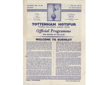 TOTTENHAM HOTSPUR V BURNLEY 1960-61 FOOTBALL PROGRAMME