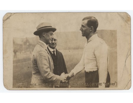 ARTHUR GRIMSDELL (TOTTENHAM HOTSPUR) MEETS PRINCE OF WALES 1920-21 FOOTBALL POSTCARD