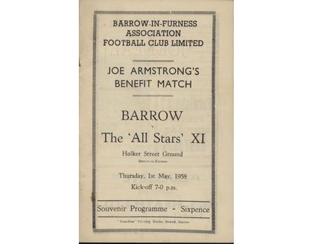 BARROW V THE ALL STARS XI (JOE ARMSTRONG BENEFIT) 1957-58 FOOTBALL PROGRAMME