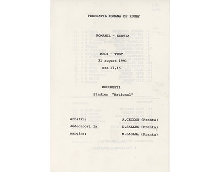 ROMANIA V SCOTLAND 1991 RUGBY UNION PROGRAMME