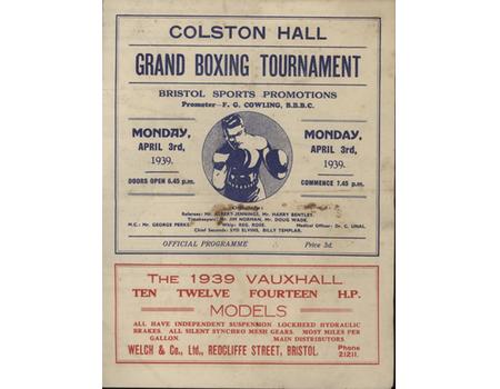KID TANNER V KEN BARRETT 1939 (BRISTOL) BOXING PROGRAMME