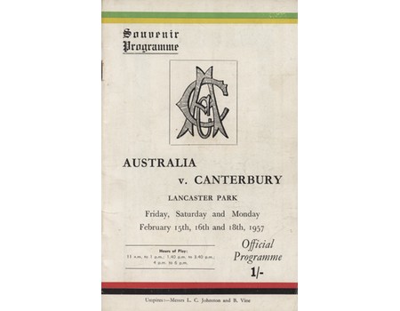 CANTERBURY V AUSTRALIA 1957 (LANCASTER PARK) CRICKET PROGRAMME