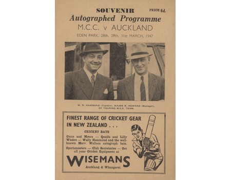 AUCKLAND V ENGLAND 1947 (EDEN PARK) CRICKET PROGRAMME