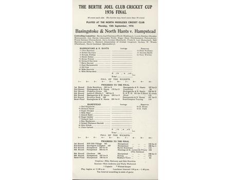 BASINGSTOKE & NORTH HANTS V HAMPSTEAD 1976 CRICKET SCORECARD (CLUB CRICKET CUP FINAL)