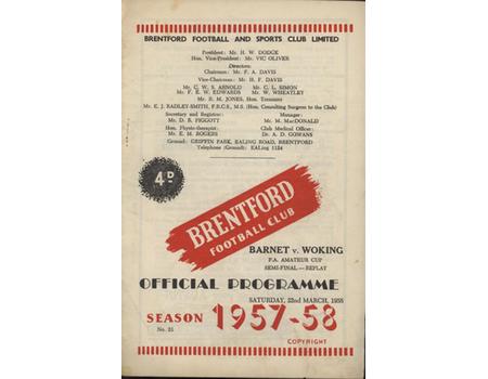 BARNET V WOKING (FA AMATEUR CUP SEMI-FINAL REPLAY) 1957-58 FOOTBALL PROGRAMME