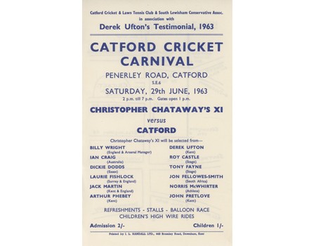 CATFORD CRICKET CARNIVAL 1963 FLYER - DEREK UFTON TESTIMONIAL