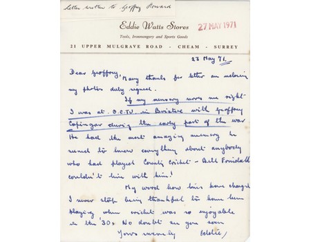 EDDIE WATTS (SURREY) 1971 CRICKET LETTER - TO GEOFFREY HOWARD