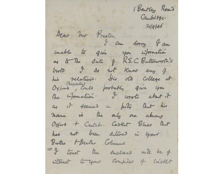 GERARD ROTHERHAM (WARWICKSHIRE) 1946 CRICKET LETTER