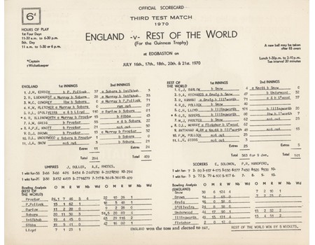 ENGLAND V REST OF THE WORLD 1970 (EDGBASTON) CRICKET SCORECARD