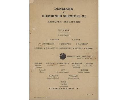 DENMARK V COMBINED SERVICES XI 1945 (HANOVER) FOOTBALL PROGRAMME