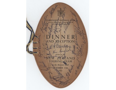 NEW ZEALAND 1951 SIGNED RUGBY LEAGUE DINNER MENU (+ WARRINGTON TEAM)