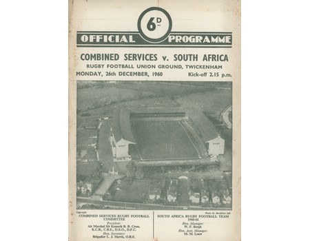 COMBINED SERVICES V SOUTH AFRICA 1960 RUGBY UNION PROGRAMME