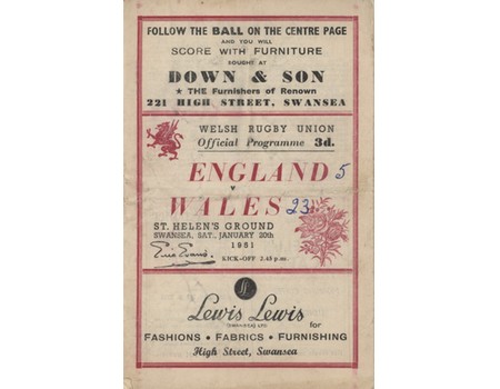 WALES V ENGLAND 1951 RUGBY UNION PROGRAMME