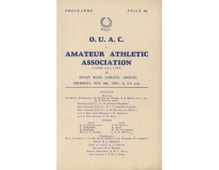 THE FIRST FOUR MINUTE MILE 1954 OFFICIAL PROGRAMME