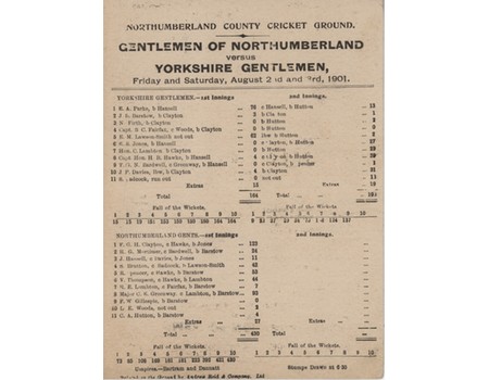 GENTLEMEN OF NORTHUMBERLAND V GENTLEMEN OF YORKSHIRE 1901 CRICKET SCORECARD