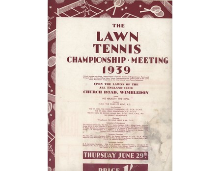 WIMBLEDON CHAMPIONSHIPS 1939 TENNIS PROGRAMME