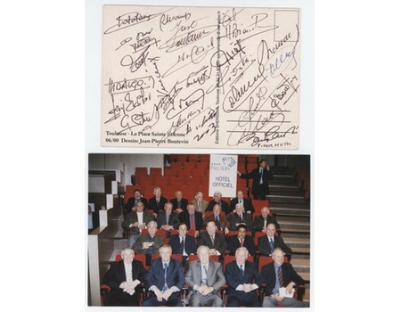 1958 FOOTBALL WORLD CUP REUNION SIGNED POSTCARD - SIGNED BY EUSEBIO, PLATINI, FONTAINE, CHARLTON ETC.