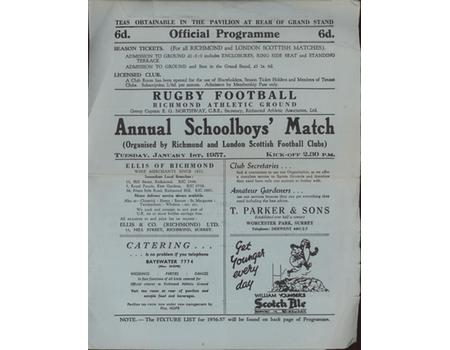 ANNUAL SCHOOLBOYS MATCH 1957 RUGBY UNION PROGRAMME