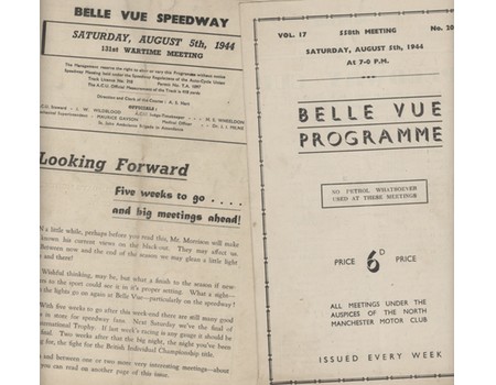 BELLE VUE SPEEDWAY PROGRAMME - 5 AUGUST 1944