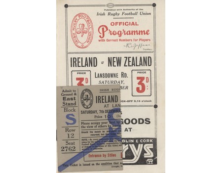 IRELAND V NEW ZEALAND 1935 RUGBY UNION PROGRAMME + TICKET