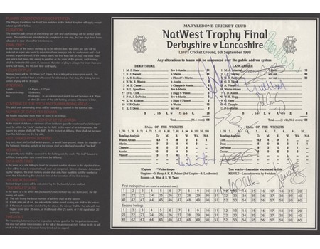 DERBYSHIRE V LANCASHIRE 1998 (NATWEST TROPHY FINAL) SIGNED CRICKET SCORECARD