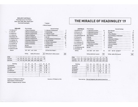ENGLAND V AUSTRALIA 2019 (HEADINGLEY) CRICKET SCORECARD - STOKES 135