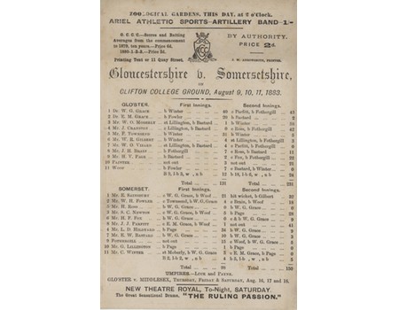 GLOUCESTERSHIRE V SOMERSET 1883 CRICKET SCORECARD (W.G.GRACE)