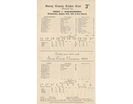 SURREY V WORCESTERSHIRE 1954 (LOWEST AGGREGATE TOTAL OF 65) CRICKET SCORECARD - SURREY CONFIRMED AS CHAMPIONS
