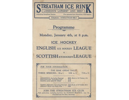 ENGLISH LEAGUE V SCOTTISH LEAGUE 1932 ICE HOCKEY PROGRAMME