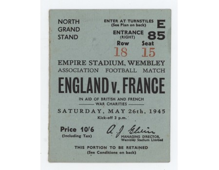 ENGLAND V FRANCE 1945 FOOTBALL TICKET