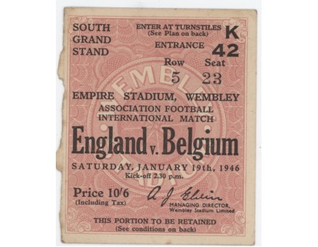 ENGLAND V BELGIUM 1946 FOOTBALL TICKET