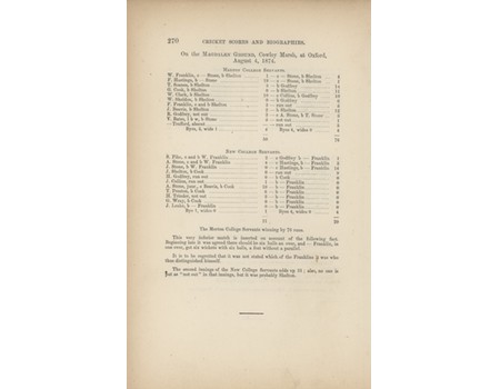 SIX WICKETS IN AN OVER 1874 (OXFORD UNIVERSITY SERVANTS MATCH) SCORESHEET