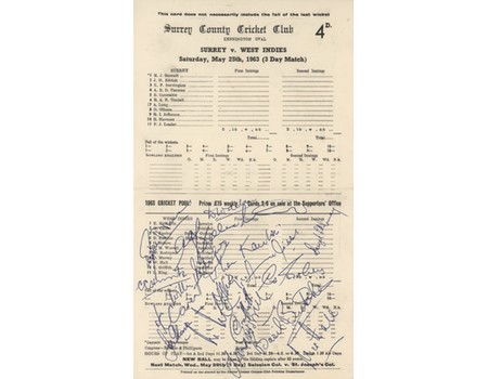 SURREY V WEST INDIES 1963 CRICKET SCORECARD - SIGNED BY WEST INDIES