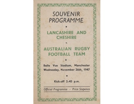 LANCASHIRE & CHESHIRE V AUSTRALIA 1947 RUGBY UNION PROGRAMME 