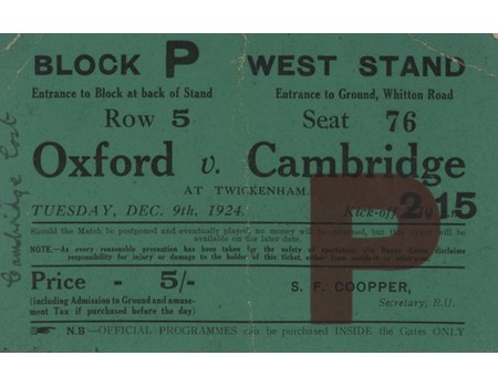 OXFORD V CAMBRIDGE VARSITY RUGBY UNION MATCH 1924 - ORIGINAL TICKET