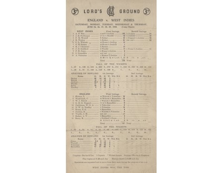 ENGLAND V WEST INDIES 1950 (LORD