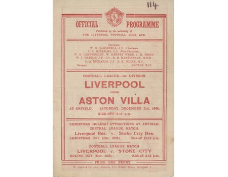 LIVERPOOL V ASTON VILLA 1946-47 FOOTBALL PROGRAMME