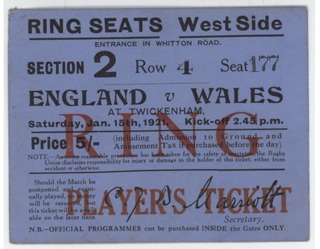 ENGLAND V WALES 1921 RUGBY UNION TICKET (ENGLAND GRAND SLAM)