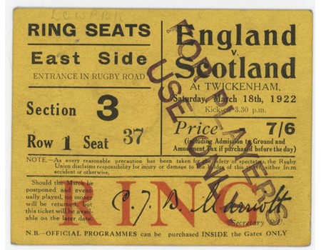 ENGLAND V SCOTLAND 1922 RUGBY UNION TICKET 