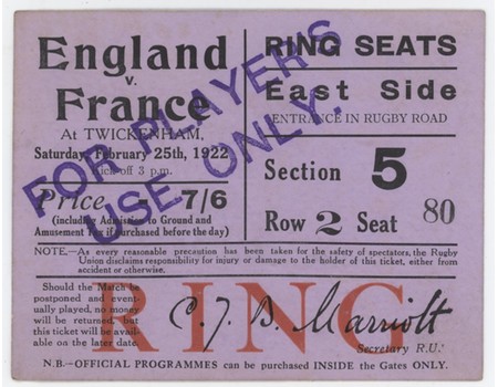 ENGLAND V FRANCE 1922 RUGBY UNION TICKET