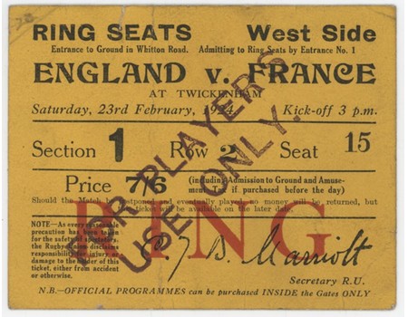 ENGLAND V FRANCE 1924 RUGBY UNION TICKET (ENGLAND GRAND SLAM)