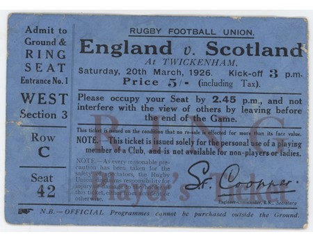 ENGLAND V SCOTLAND 1926 RUGBY UNION TICKET