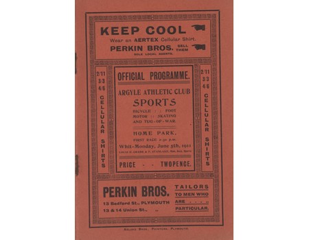 ARGYLE ATHLETIC CLUB (PLYMOUTH) SPORTS MEETING 1911 PROGRAMME