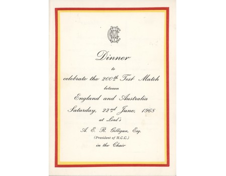 ENGLAND V AUSTRALIA 1968 CRICKET DINNER MENU - SIGNED BY AUSTRALIANS