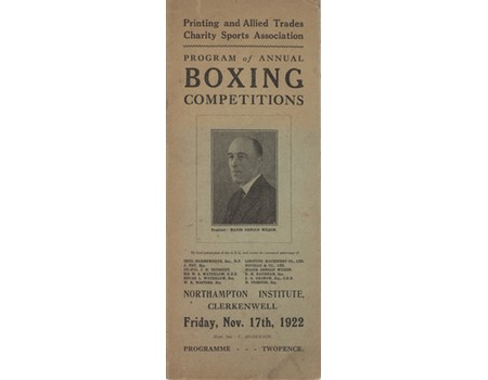 PROGRAMME OF ANNUAL BOXING COMPETITIONS 1922 (CLERKENWELL) - INCLUDING JIMMY WILDE & JOE BECKETT